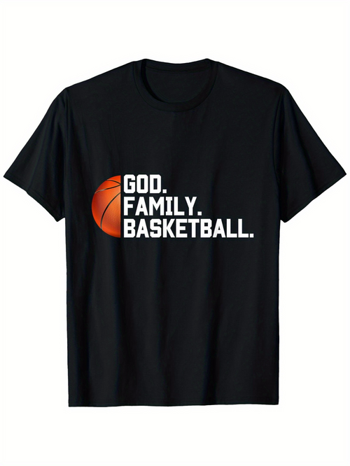 Men's Graphic T-Shirt God Family Basketball With An Orange Ball Silhouette Centered On Shirt