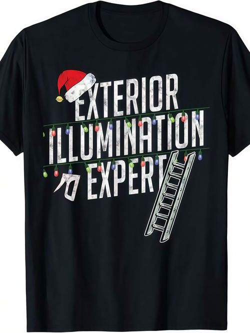 Men's Graphic T-Shirt Exterior Illumination Expert With Festive Holiday Lights Ladder And Santa Hat