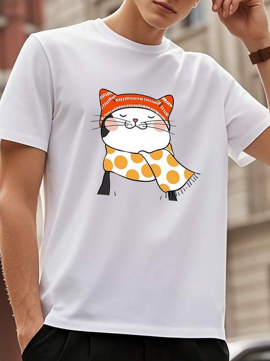 Men's Graphic T-Shirt Playful Orange Hat Cat Wearing Polka Dot Scarf Under Gentle Sunlight