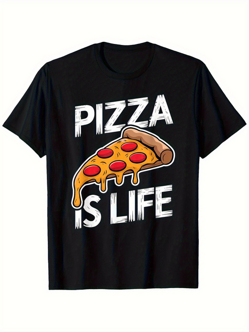 Men's Graphic T-Shirt Pizza Is Life Melting Cheese With Pepperoni Slice On Black Shirt Pizza Slice