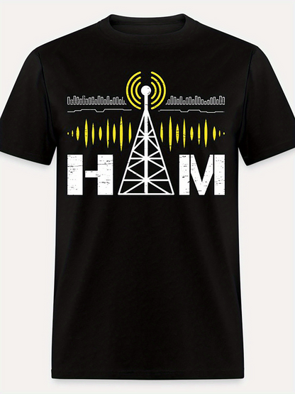 Men's Graphic T-Shirt Ham Pattern With Yellow Radio Waves And Broadcast Tower
