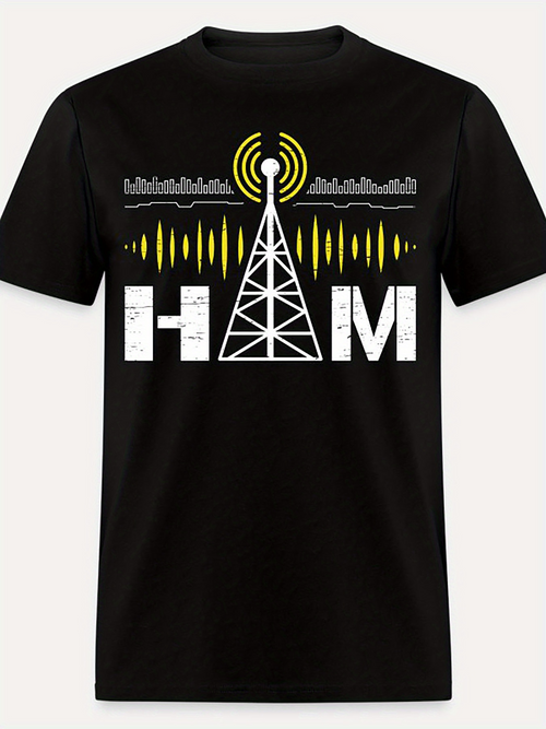 Men's Graphic T-Shirt Ham Pattern With Yellow Radio Waves And Broadcast Tower