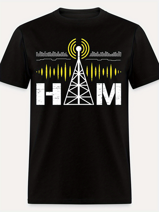 Men's Graphic T-Shirt Ham Pattern With Yellow Radio Waves And Broadcast Tower