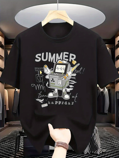 Men's Graphic T-Shirt Summer Day With Graffiti Doodles And Dancing Cute Robot