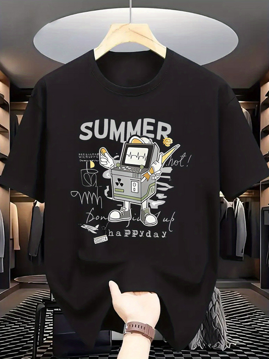 Men's Graphic T-Shirt Summer Day With Graffiti Doodles And Dancing Cute Robot