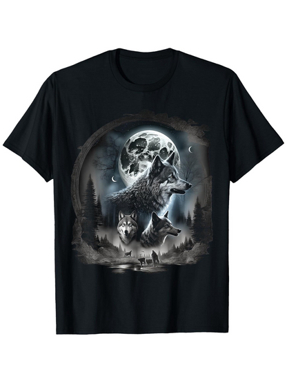 Men's Graphic T-Shirt Howling Wolves Under Full Moon Surrounded By Pine Trees And Misty Forest