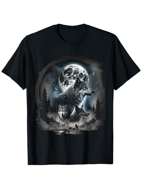 Men's Graphic T-Shirt Howling Wolves Under Full Moon Surrounded By Pine Trees And Misty Forest