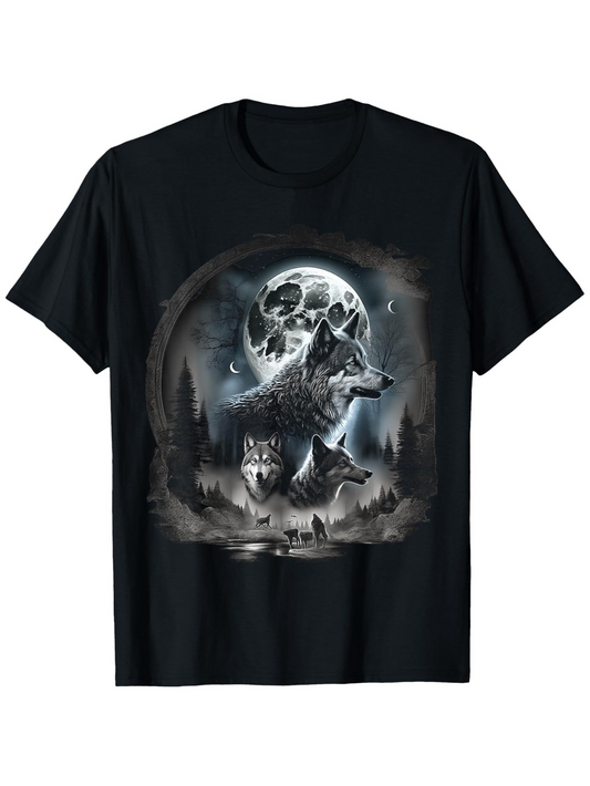 Men's Graphic T-Shirt Howling Wolves Under Full Moon Surrounded By Pine Trees And Misty Forest