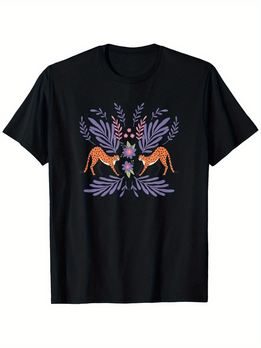 Men's Graphic T-Shirt Delicate Purple Leaves And Blossoms With Two Graceful Grazing Deer