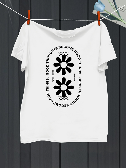 Men's Graphic T-Shirt Good Thoughts Become Good Things With Wavy Lines And Two Simple Flowers