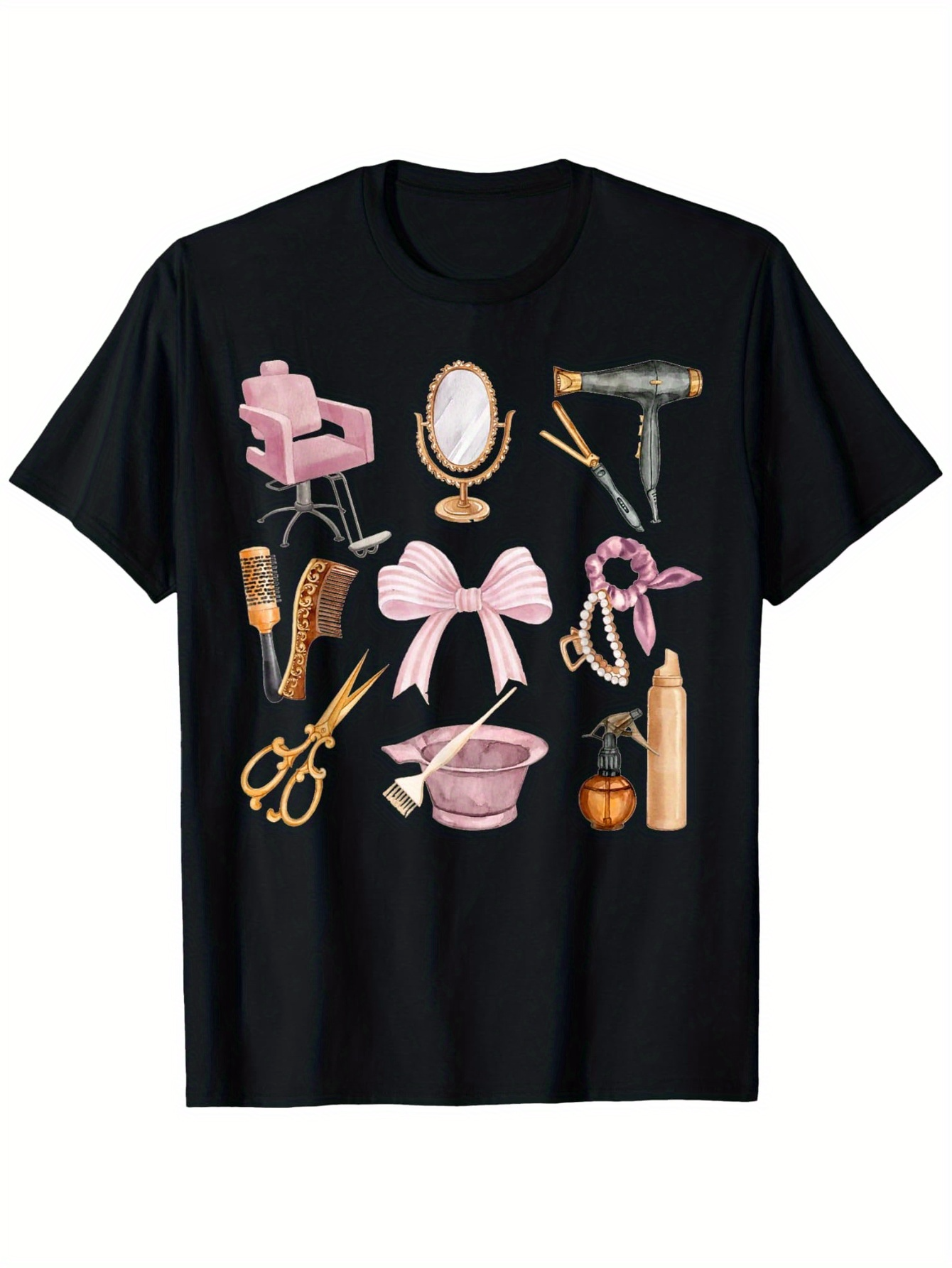 Men's Graphic T-Shirt Pink Hair Styling Tools With Mirror Curlers Scissors And Spray Bottle