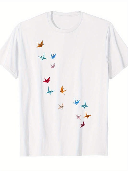 Men's Graphic T-Shirt Colorful Origami Cranes Flying In A Gentle Curved Pattern T Shirt