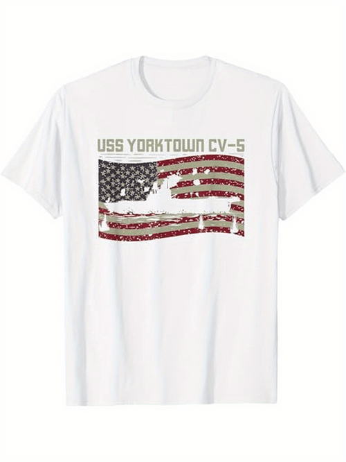 Men's Graphic T-Shirt USS Yorktown CV5 Distressed American Flag With Vintage Warship Under Stars