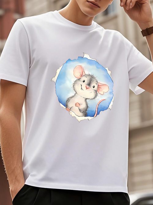 Men's Graphic T-Shirt Whimsical Blue Sky Watercolor Style Cute Mouse Illustration