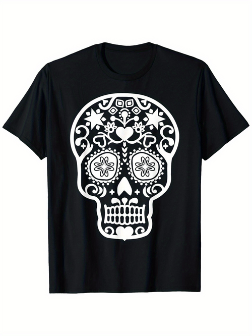 Men's Graphic T-Shirt Intricate Floral Motifs With Festive Filigree Day Of The Dead Skull
