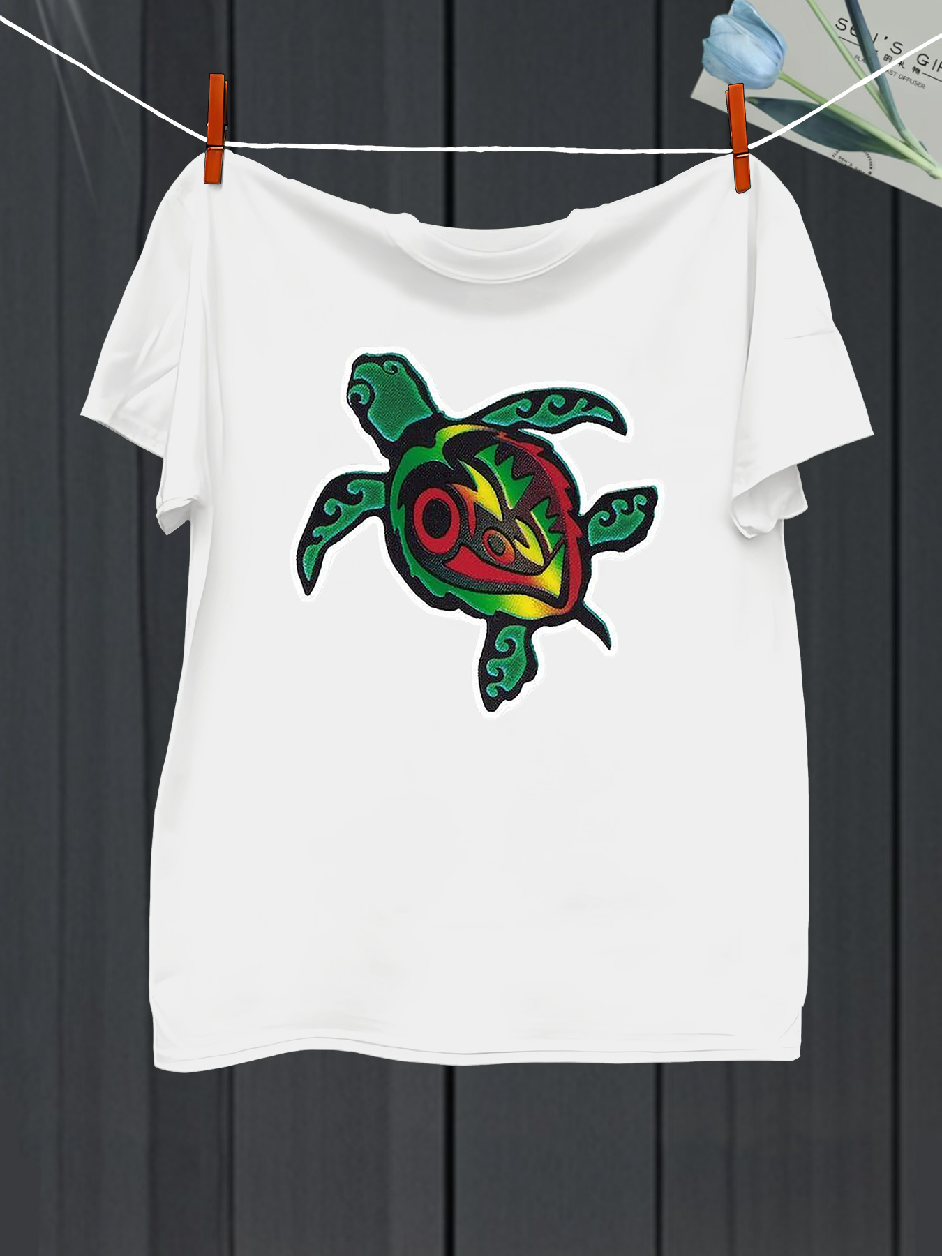 Men's Graphic T-Shirt Colorful Tribal Patterned Shell With Green Fins Sea Turtle
