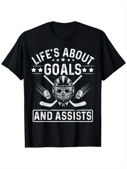 Men's Graphic T-Shirt Lifes About Goals And Assists With Hockey Helmet And Sticks Centered Graphic