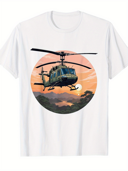 Men's Graphic T-Shirt Sunset Skies With Vibrant Clouds Silhouetting Graceful Flying Helicopter