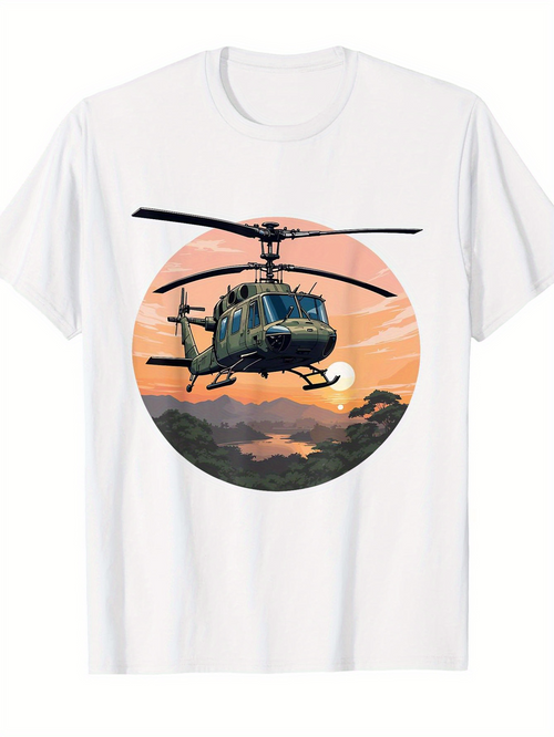 Men's Graphic T-Shirt Sunset Skies With Vibrant Clouds Silhouetting Graceful Flying Helicopter