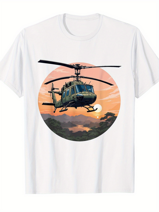 Men's Graphic T-Shirt Sunset Skies With Vibrant Clouds Silhouetting Graceful Flying Helicopter