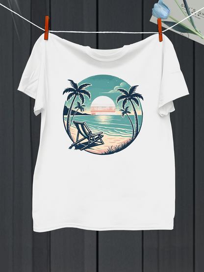 Men's Graphic T-Shirt Tropical Sunrise Over Calm Sea With Lounge Chair Beach