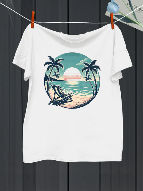 Men's Graphic T-Shirt Tropical Sunrise Over Calm Sea With Lounge Chair Beach