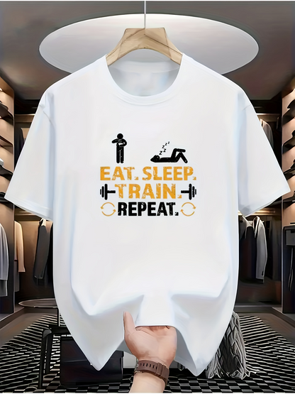 Men's Graphic T-Shirt Eat Sleep Train Repeat Bold Text With Barbell And Fitness Person
