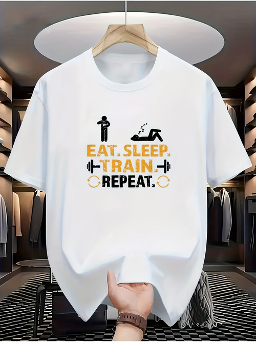 Men's Graphic T-Shirt Eat Sleep Train Repeat Bold Text With Barbell And Fitness Person