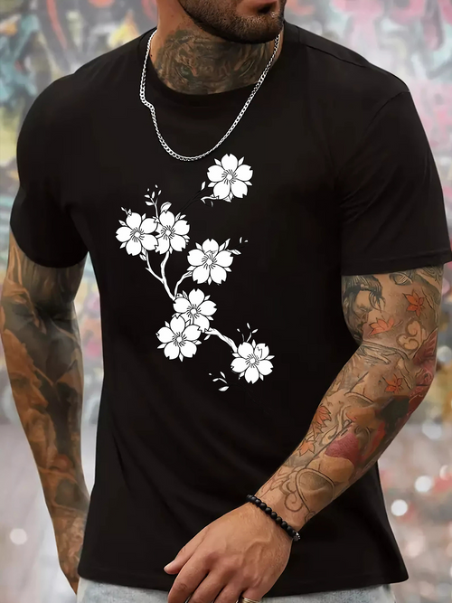 Men's Graphic T-Shirt Delicate White Blossoms With Thin Branches On Tranquil Black T Shirt Flower