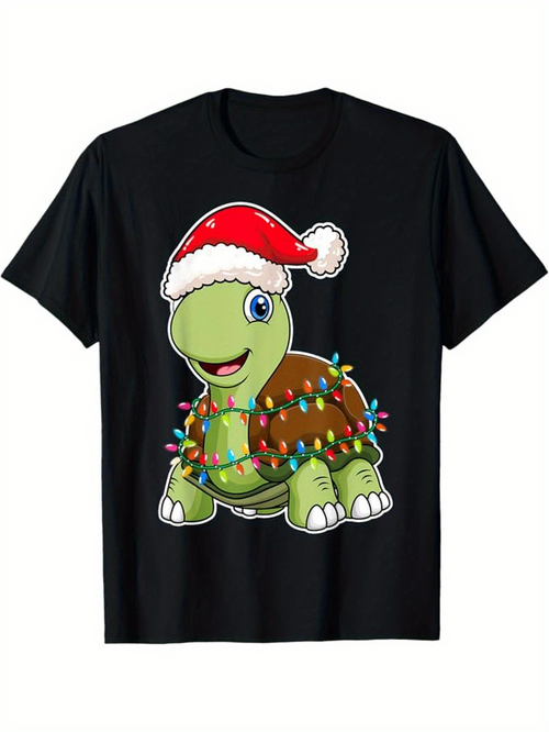 Men's Graphic T-Shirt Cute Turtle Wearing Santa Hat With Festive Holiday Lights Around Shell Turtle