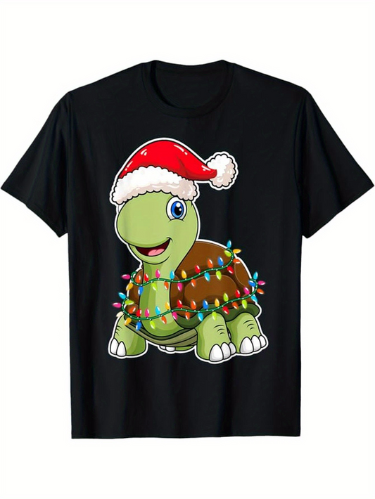 Men's Graphic T-Shirt Cute Turtle Wearing Santa Hat With Festive Holiday Lights Around Shell Turtle