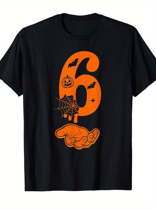 Men's Graphic T-Shirt Spooky Pumpkins Spider Web And Bats Halloween Hand Six