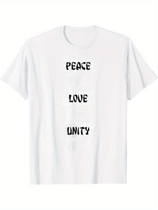 Men's Graphic T-Shirt Peace Love Unity Artistic Bold Letters With Minimalist Design White Shirt