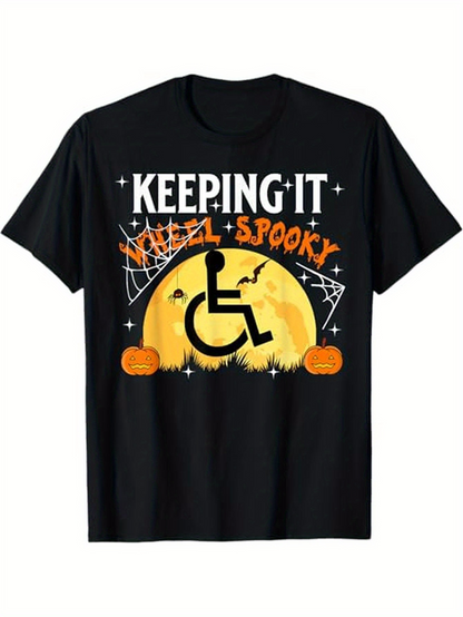 Men's Graphic T-Shirt Keeping It Wheel Spooky Halloween Pumpkins Under Full Moon Wheelchair