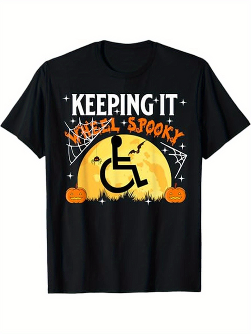 Men's Graphic T-Shirt Keeping It Wheel Spooky Halloween Pumpkins Under Full Moon Wheelchair
