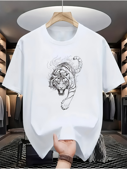 Men's Graphic T-Shirt Dynamic Fierce Roaring Tiger In Energetic Black Line Art Tiger