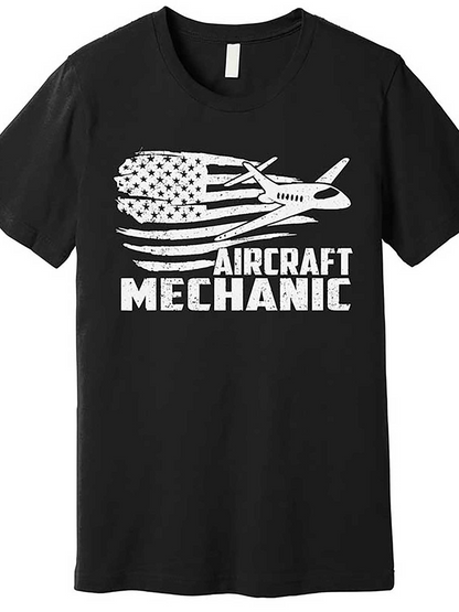 Men's Graphic T-Shirt American Flag With Airplane And Bold Lettering Aircraft Mechanic