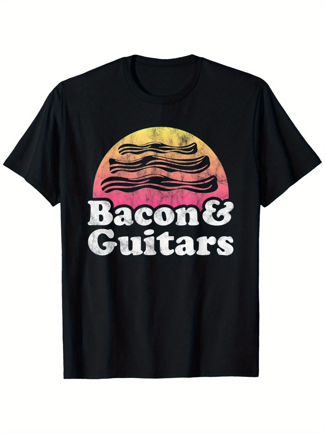 Men's Graphic T-Shirt Bacon And Guitars With Retro Sunrise And Crispy Bacon Strips