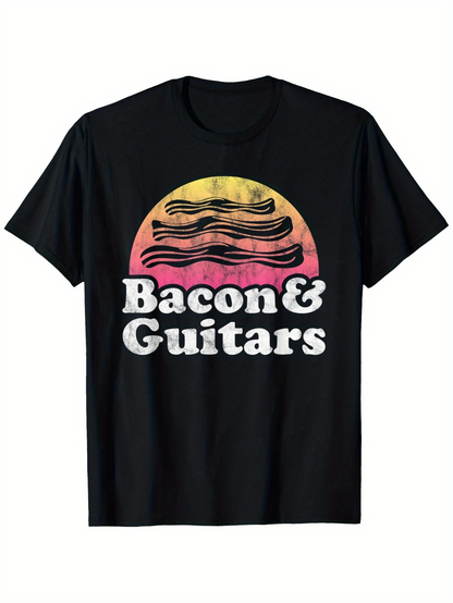 Men's Graphic T-Shirt Bacon And Guitars With Retro Sunrise And Crispy Bacon Strips