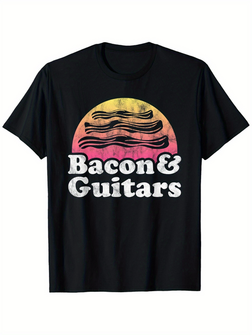 Men's Graphic T-Shirt Bacon And Guitars With Retro Sunrise And Crispy Bacon Strips