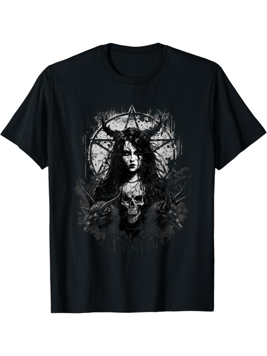 Men's Graphic T-Shirt Mystical Woman With Horns Among Skulls Dark Crows And Shadowy Pentagram