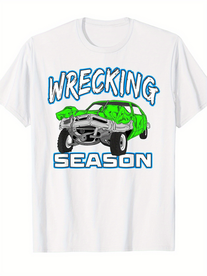 Men's Graphic T-Shirt Wrecking Season Cartoon Green Crashed Car With Blue Lettering Under Sunlight