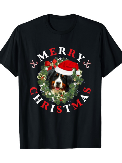 Men's Graphic T-Shirt Merry Christmas Holiday Wreath With Santa Hat And Dog Face