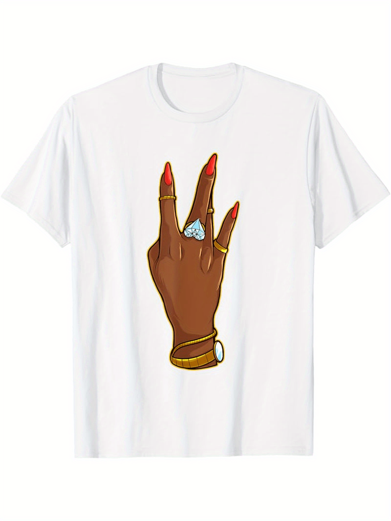 Men's Graphic T-Shirt Hand With Red Nails And Golden Jewelry On White Illustration