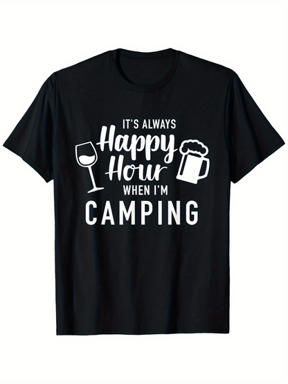 Men's Graphic T-Shirt Its Always Happy Hour When Im Camping With Wine Glass And Beer Mug Camping