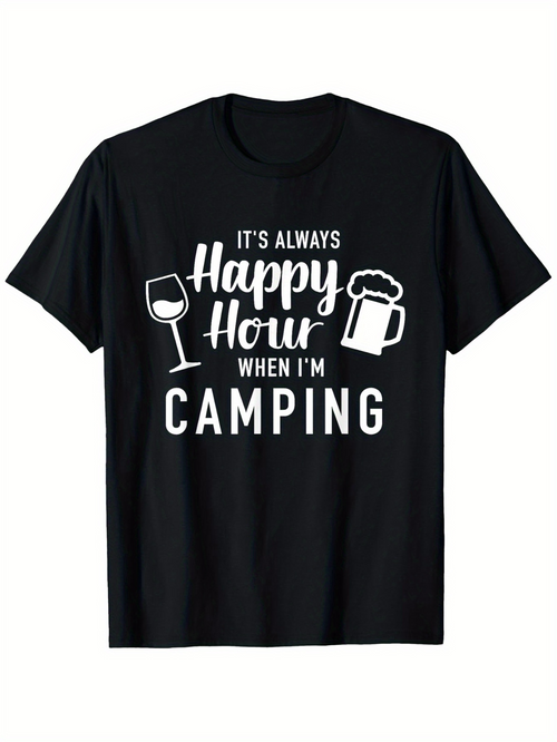 Men's Graphic T-Shirt Its Always Happy Hour When Im Camping With Wine Glass And Beer Mug Camping