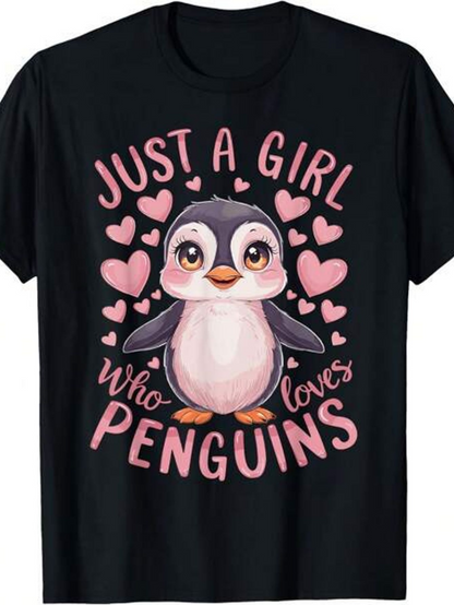 Men's Graphic T-Shirt Just A Girl Surrounded By Pink Hearts With Cute Penguin