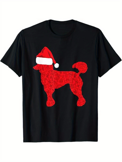 Men's Graphic T-Shirt Festive Santa Hat With Christmas Red Poodle Silhouette Dog