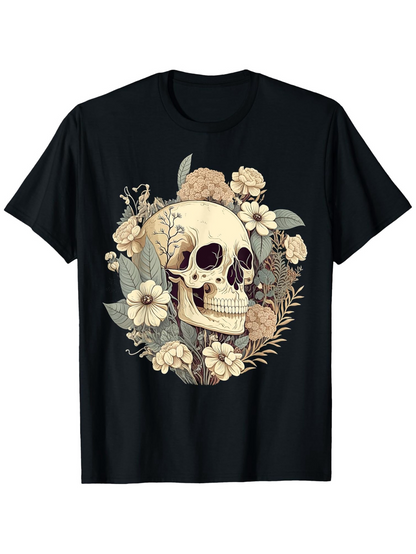 Men's Graphic T-Shirt Botanical Paradise With Blooming Wildflowers Embracing A Vintage Weathered Skull