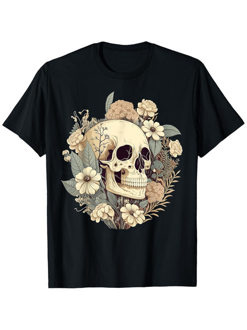 Men's Graphic T-Shirt Botanical Paradise With Blooming Wildflowers Embracing A Vintage Weathered Skull